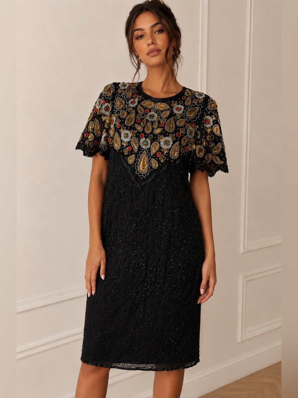 Embellished Black Midi Dress with Beaded Floral Yoke